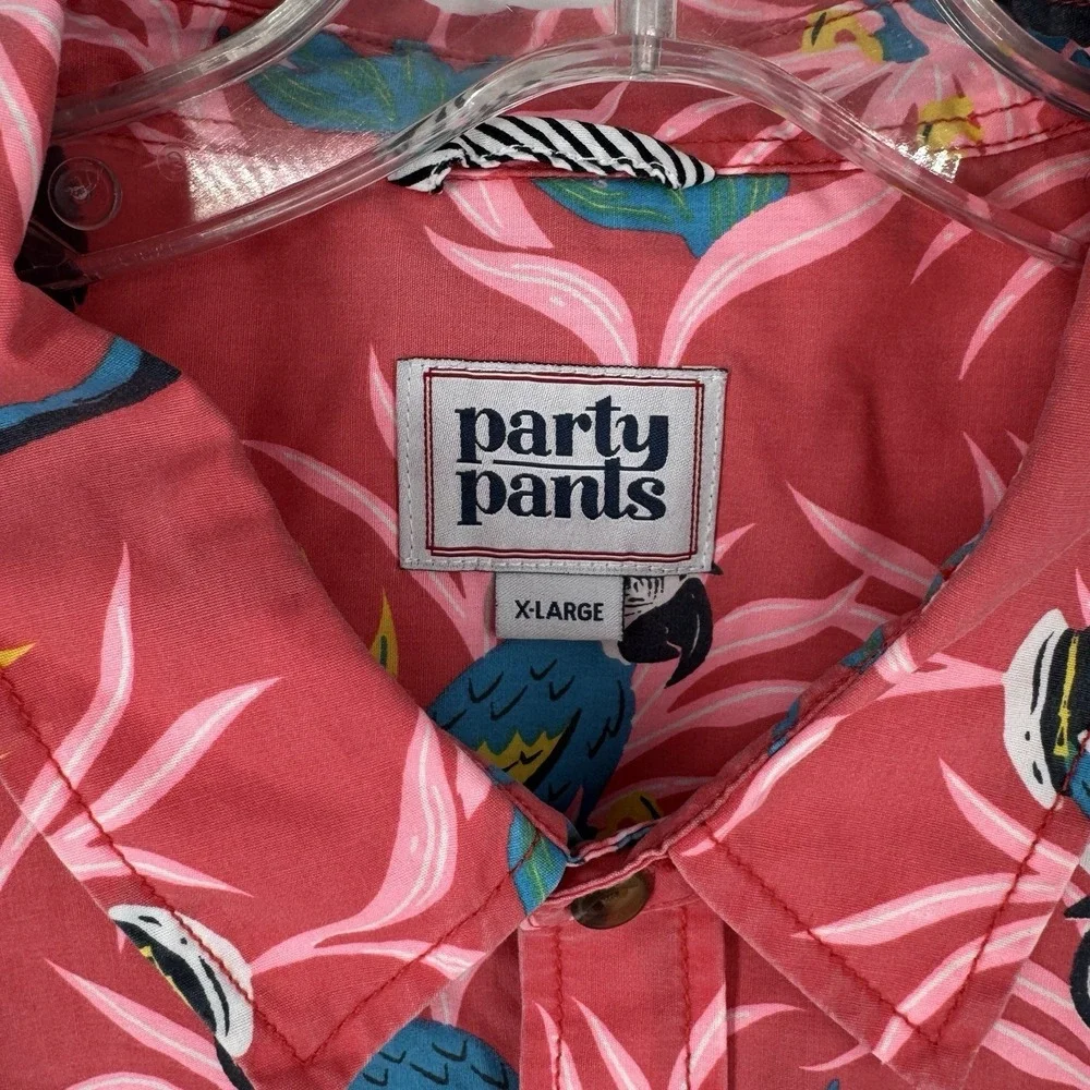 Party Pants Hawaiian Shirt XL‎ Pink Parrot Tropical Button Up Short Sleeve Beach